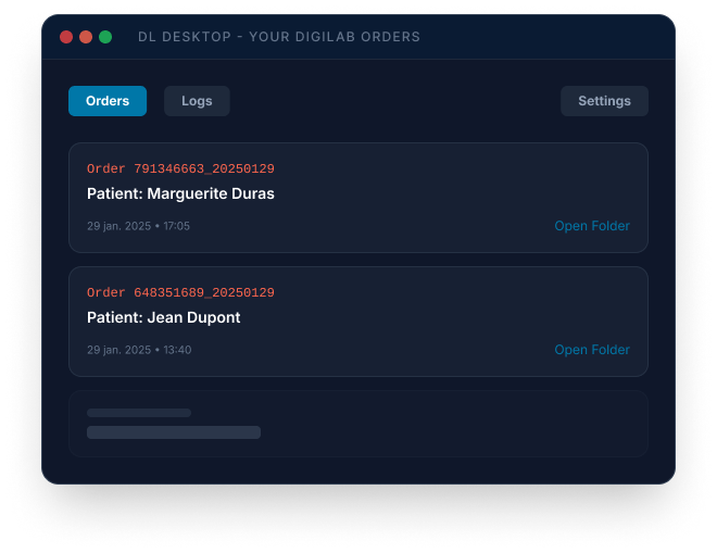DL Desktop interface showing the patient orders list