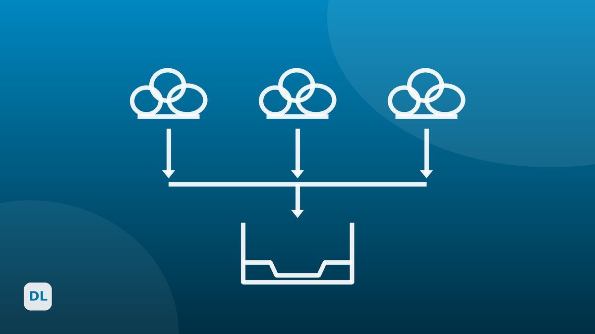 Illustration of three scanner clouds converging into one inbox